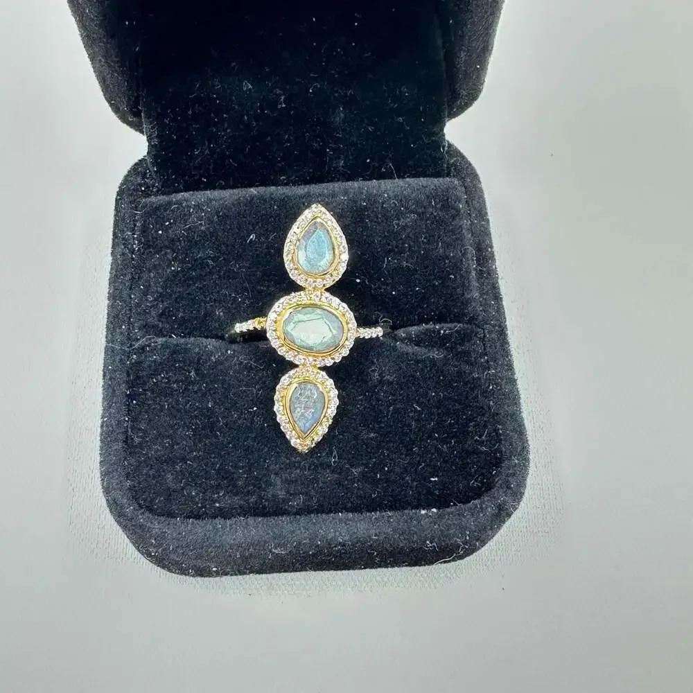 925 Gold Vermeil Labradorite 3-Stone Statement Ring Size 8.5